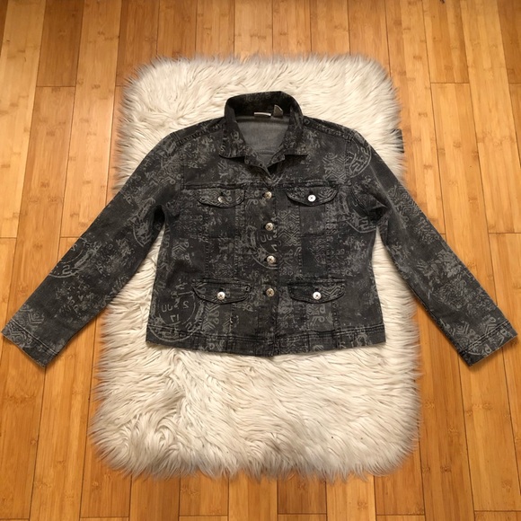 Chico's Jackets & Blazers - Chico’s Abstract Tribal Grunge Western Patterned Black Gray Denim Jean Jacket 1